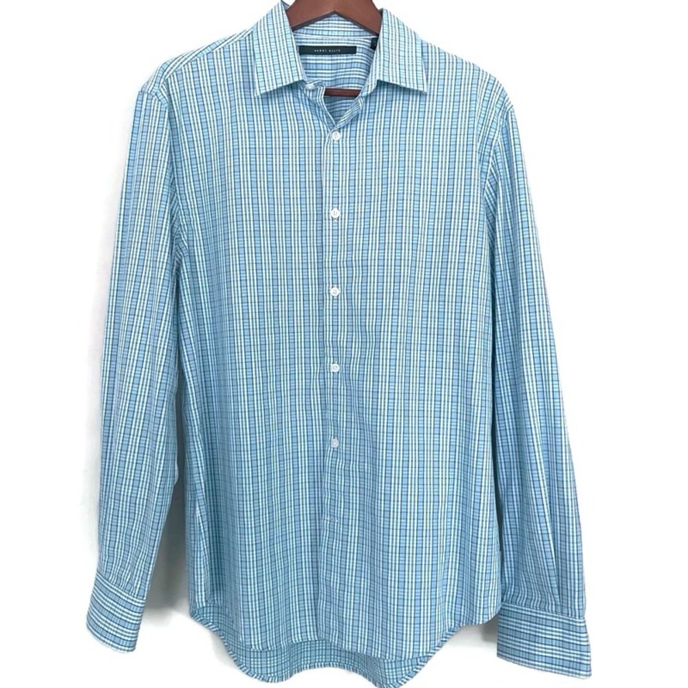 PERRY ELLIS Blue & White Plaid Long Sleeve Button-Up Cotton Shirt size Medium